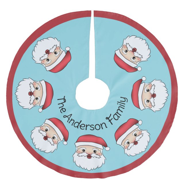 Happy Cartoon Santa Claus Head On Blue And Text Brushed Polyester Tree Skirt (Front)