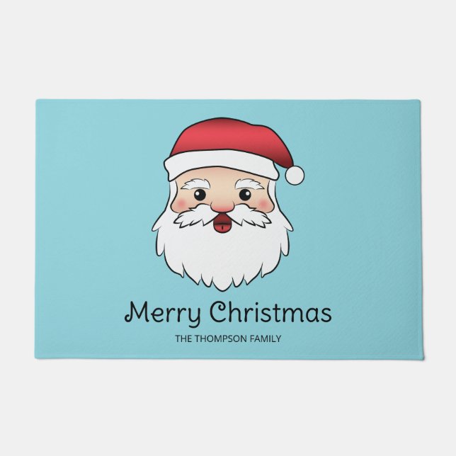 Happy Cartoon Santa Claus Head On Blue And Text Doormat (Front)