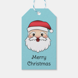 Happy Cartoon Santa Claus Head On Blue And Text Gift Tags