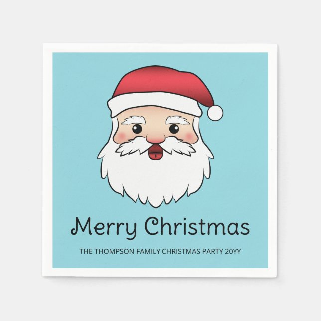 Happy Cartoon Santa Claus Head On Blue And Text Napkin (Front)