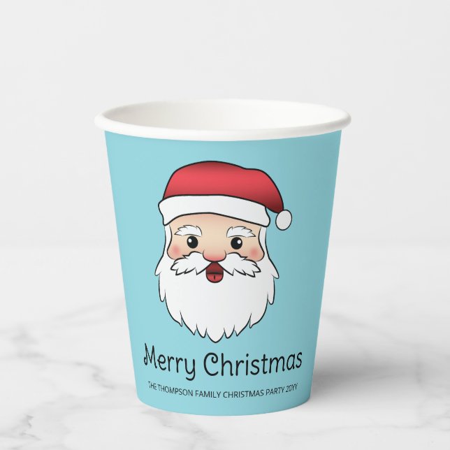 Happy Cartoon Santa Claus Head On Blue And Text Paper Cups (Front)