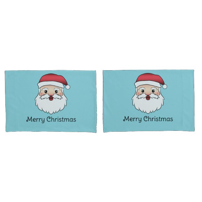 Happy Cartoon Santa Claus Head On Blue And Text Pillowcase (Front-Set)