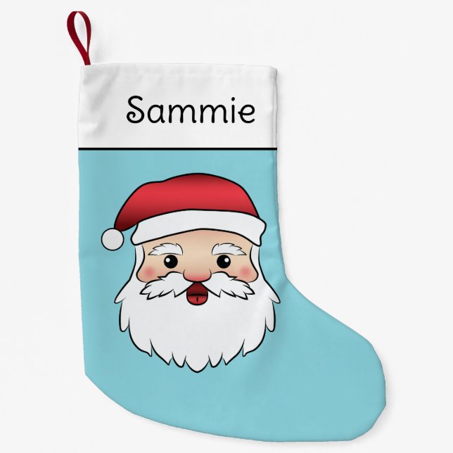 Happy Cartoon Santa Claus Head On Blue Small Christmas Stocking (Front)