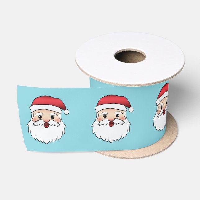 Happy Cartoon Santa Claus Heads On Blue Satin Ribbon (Spool)
