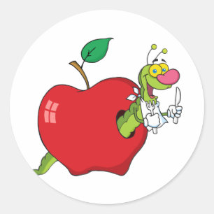 Happy Cartoon Worm In Apple Classic Round Sticker
