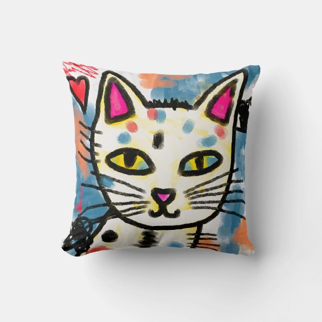 Happy Cat Abstract Art Throw Pillow (Front)