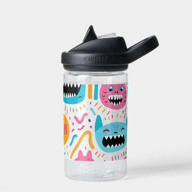 Happy cat and monster faces water bottle (Left)