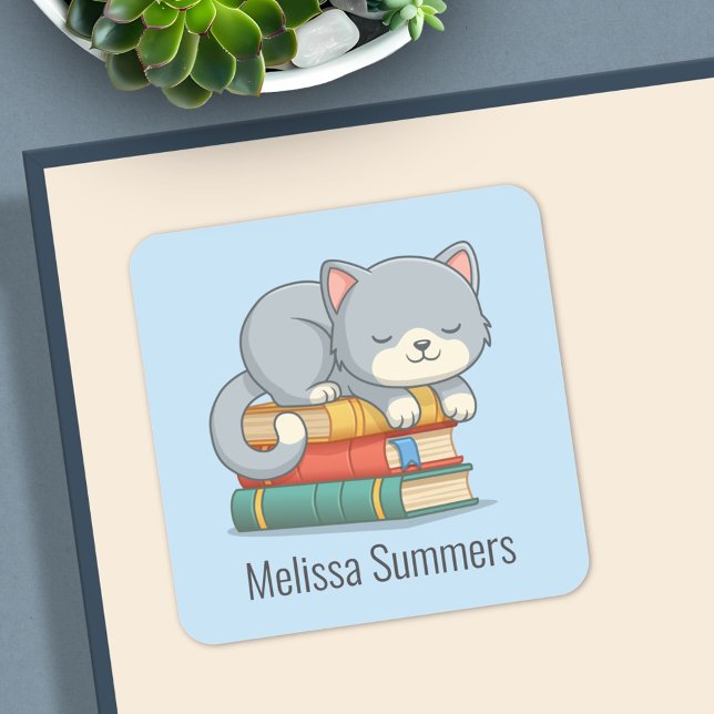 Happy Cat Book Stack Custom Name Bookplate Blue Square Sticker (Creator Uploaded)