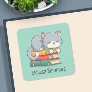Happy Cat Book Stack Custom Name Bookplate Green Square Sticker