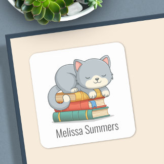 Happy Cat Book Stack Custom Name Bookplate Square Sticker