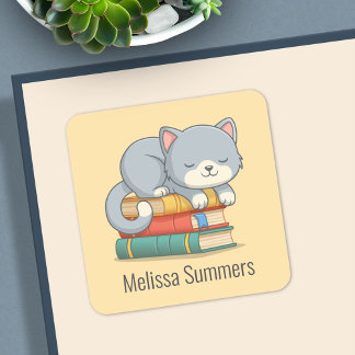 Happy Cat Book Stack Custom Name Bookplate Yellow Square Sticker