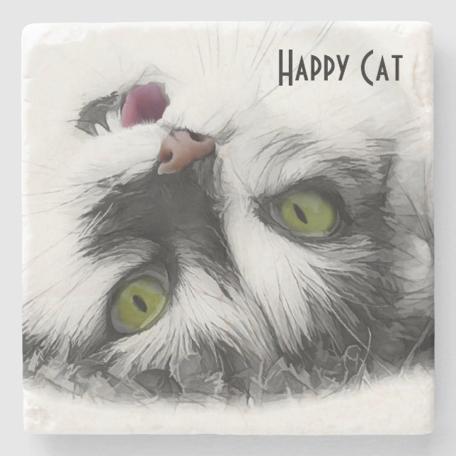 Happy Cat cool customizable Stone Coaster (Front)
