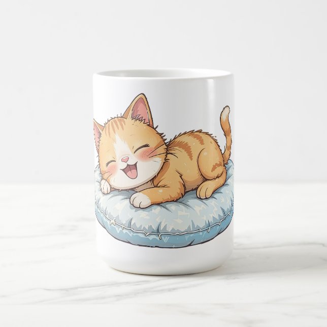 Happy Cat Dreaming on a Cozy Pillow Coffee Mug (Center)