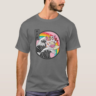 Happy Cat Eating Ramen Rainbow Kanagawa Wave Vapou T-Shirt