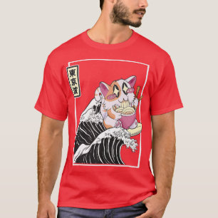 Happy Cat Eating Ramen Surfing Kanagawa Wave Kawai T-Shirt