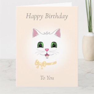 Happy Cat Face on Light Beige Birthday Card