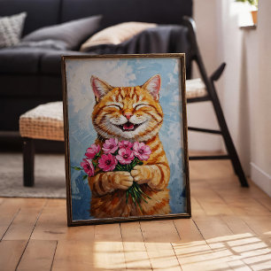 Happy Cat Giving A Bouquet Wall Art Poster