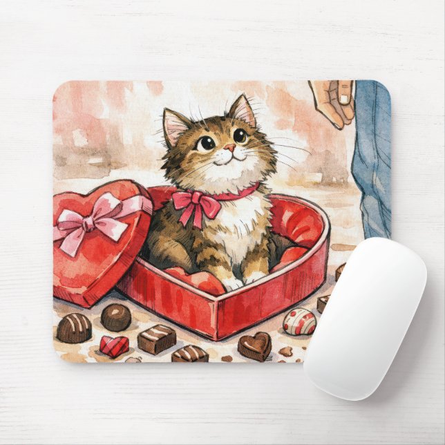 Happy Cat In a Valentine Candy Heart Box Mouse Pad (With Mouse)