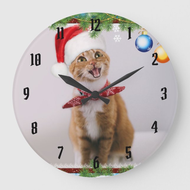 Happy cat in red christmas hat large clock (Front)