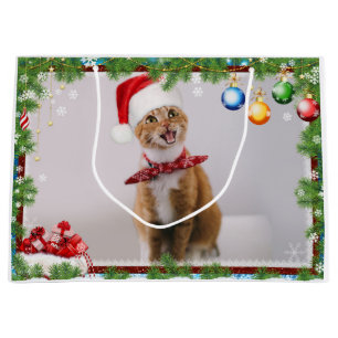 Happy cat in red christmas hat large gift bag