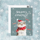 Happy Cat Meow Christmas Holiday Postcard<br><div class="desc">Happy cat is enjoying the Christmas holiday season and says "Meow, Season's Greetings". Such a nice way to send a post card to your cat lover friends. All of the text can be edited, For example, you may prefer "Merry Christmas" or "Happy Holidays". Be sure to change the example "from"...</div>