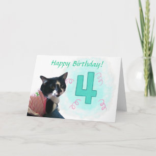 Happy Cat Number Four Ribbons Birthday Card