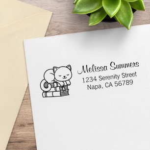 Happy Cat on top of Stack of Books Address Rubber Stamp