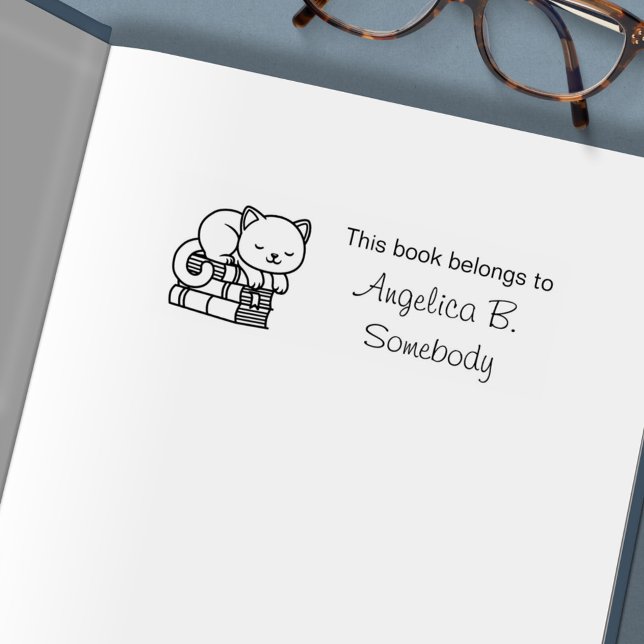 Happy Cat on top of Stack of Books - Bookplate Self-inking Stamp (Creator Uploaded)