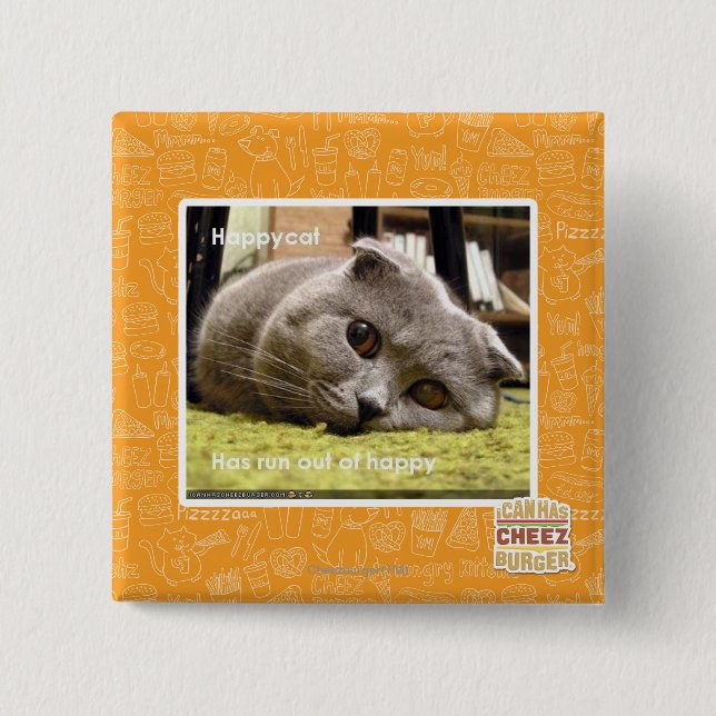 Happy cat, out of happy 2 inch square button (Front)