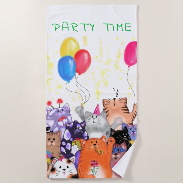 Happy Cat Party Cartoon Drawing - Cute Funny Cats  Beach Towel (Front)