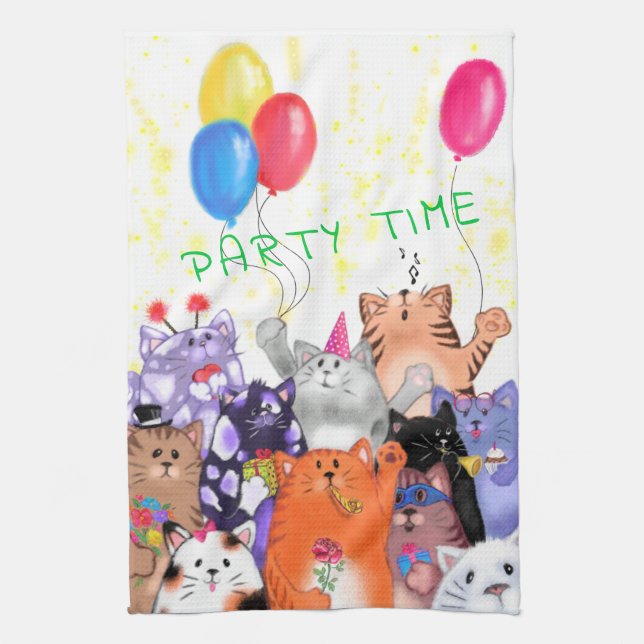 Happy Cat Party Cartoon Drawing - Cute Funny Cats  Kitchen Towel (Vertical)