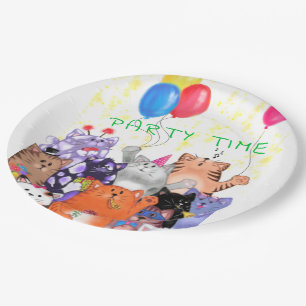 Happy Cat Party Cartoon Drawing - Cute Funny Cats  Paper Plate