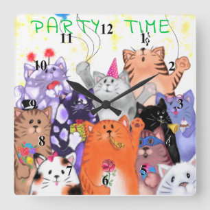 Happy Cat Party Cartoon Drawing - Cute Funny Cats Square Wall Clock