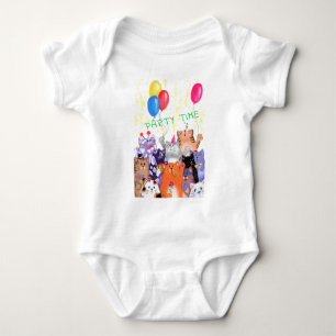 Happy Cat Party Cartoon Drawing - Funny Cats - Baby Bodysuit