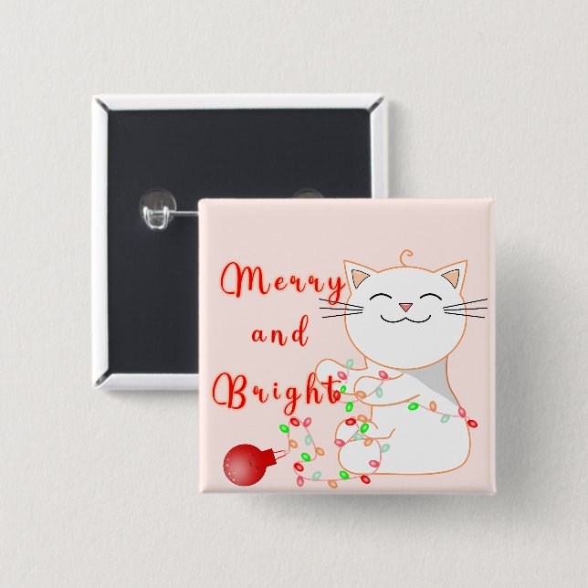 Happy Cat Playing With LED Light | Cute Christmas  2 Inch Square Button (Front & Back)