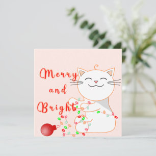 Happy Cat Playing With LED Light   Cute Christmas  Holiday Card