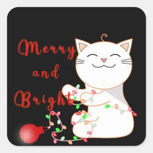 Happy Cat Playing With LED Light Cute Christmas Square Sticker