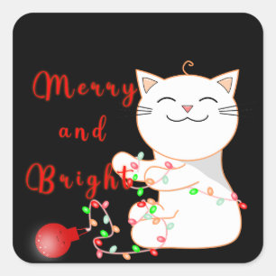 Happy Cat Playing With LED Light Cute Christmas Square Sticker
