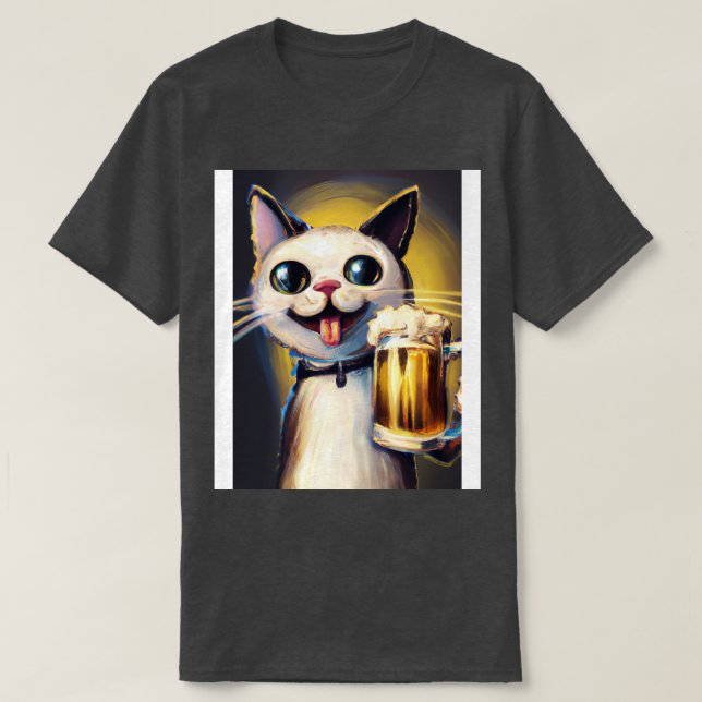 Happy Cat with Beer 2 T-Shirt (Design Front)