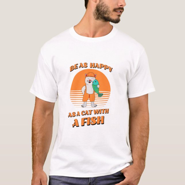 Happy cat with fish. Happy cat fisherman. Funny T-Shirt (Front)