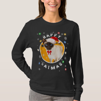 Happy Catmas Siamese Xmas Cat in Santa Hat T-Shirt