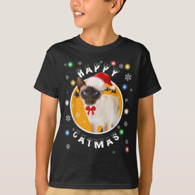 Happy Catmas Siamese Xmas Cat in Santa Hat T-Shirt (Front)