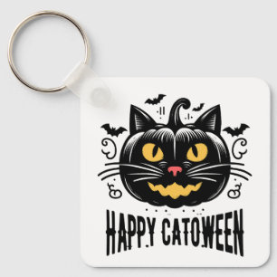 Happy Catoween Black Cat Pumpkin Face Halloween Keychain