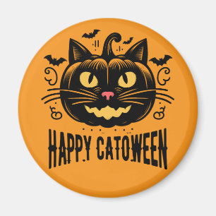 Happy Catoween Black Cat Pumpkin Face Halloween   Magnet