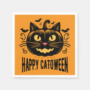 Happy Catoween Black Cat Pumpkin Face Halloween Napkin