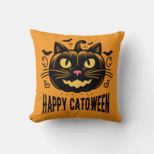 Happy Catoween Black Cat Pumpkin Face Halloween   Throw Pillow