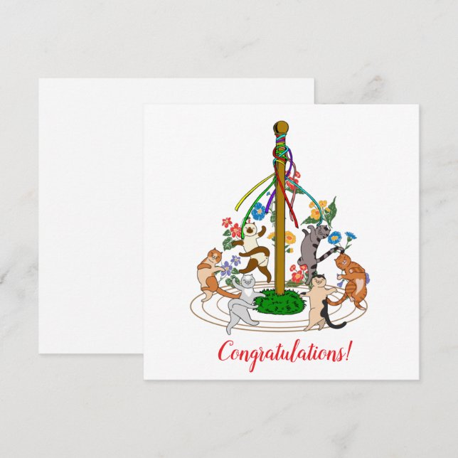 Happy Cats Dancing Around Maypole Custom Greeting Holiday Card (Front/Back)