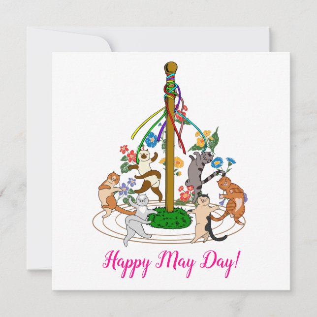 Happy Cats Dancing Around Maypole Custom Greeting Holiday Card (Front)