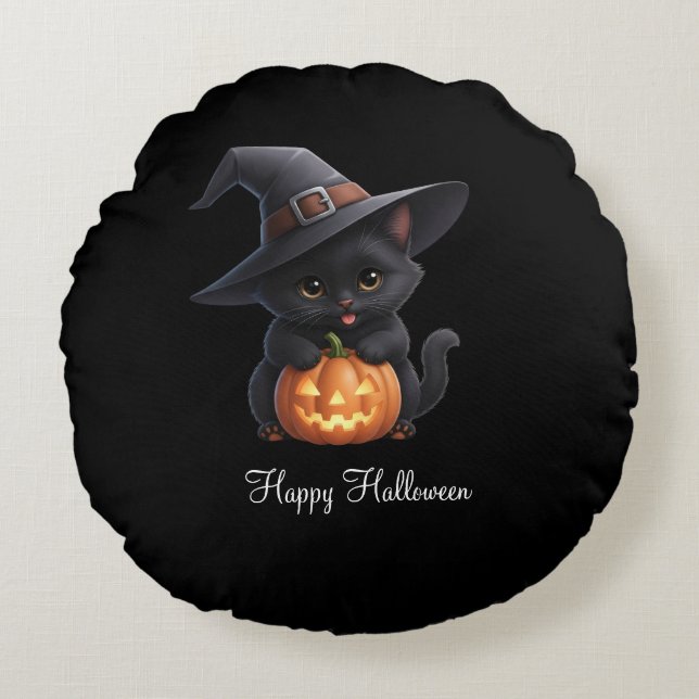 Happy Cats Halloween Round Pillow (Front)
