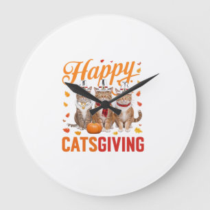 Happy Catsgiving Cats Halloween Thanksgiving Cat F Large Clock